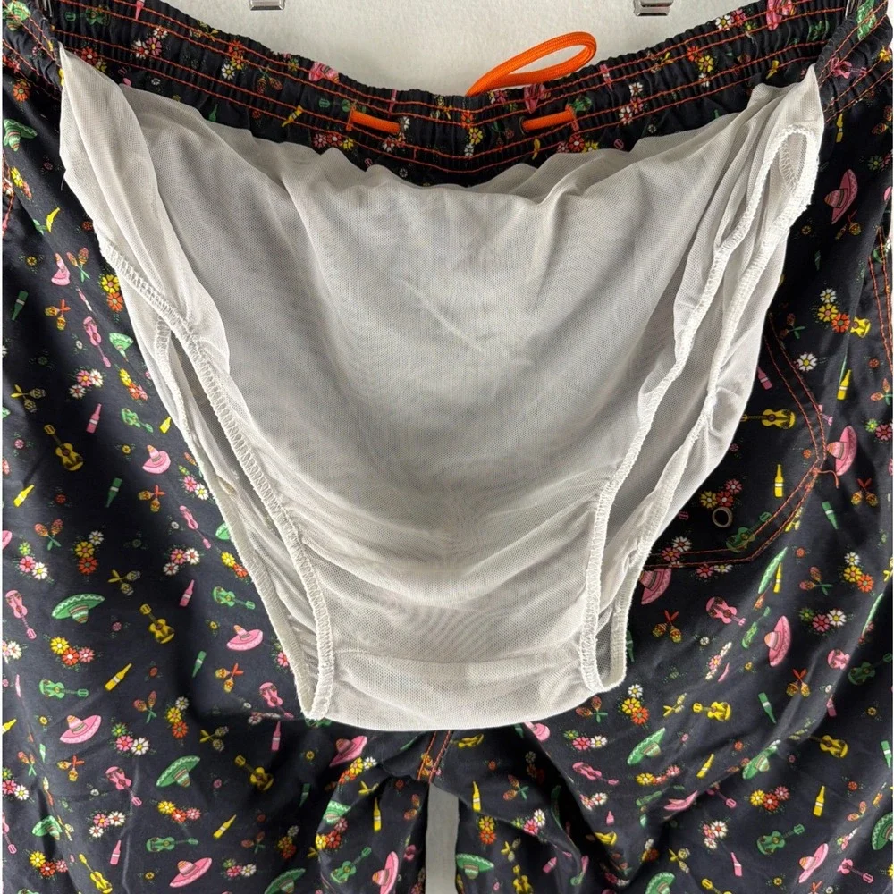 Beach Bros Mens XL Swim Trunks‎ Black Fiesta Sombrero Guitar Print Board Shorts